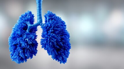 Blue stylized lungs illustration, showcasing intricate details and textures, suspended against a soft blurred background, representing health, vitality, and the importance of respiratory function in a