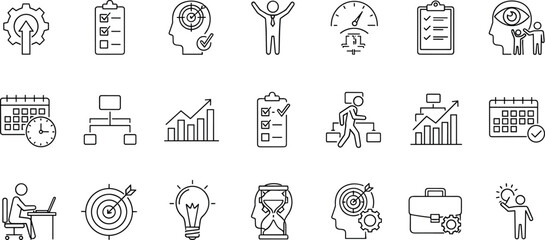 Business and productivity line icons set, vector management symbols, strategy, planning, goals, checklist, time, and growth outlines for interface