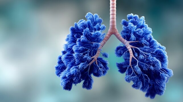 Colorful 3D illustration of human lungs made from vibrant blue fibers, showcasing intricate details and textures, symbolizing health and vitality in a creative visual representation