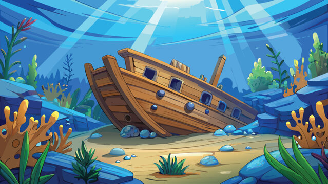 Sunken wooden ship resting on ocean floor surrounding vector illustration ai generated art