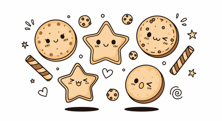 Adorable Cartoon Cookies Delightful Illustration of Star-Shaped and Circular Treats, Food Art