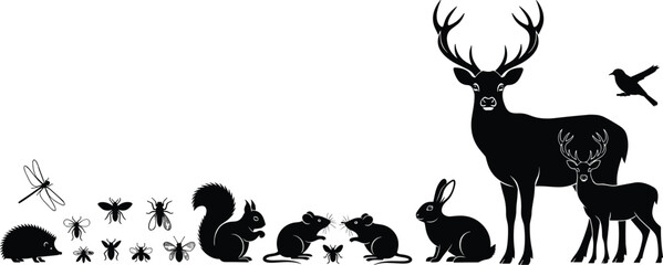 Vector silhouette illustration of woodland animals including deer, rabbit, squirrel and insects, black forest wildlife collection isolated on white background, nature set.