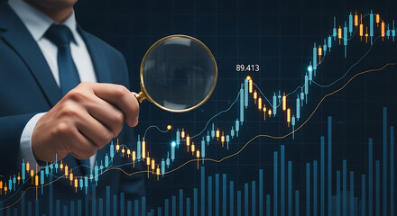 Analyzing stock market trends with a magnifying glass businessman in suit examining investment opportunities financial