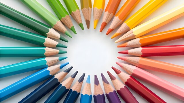 Array Of Colored Pencils Arranged In Perfect Circular Gradient Displaying Creative Symmetry Artistic Expression And Vibrant Spectrum Of Color In Inspiring Design Composition