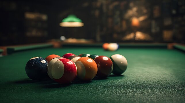 Close-up view of racked billiard balls on a green felt pool table with a blurred bar background for a professional game of pool