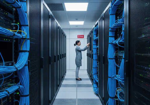 Female IT specialist checking server racks in modern data center with blue network cables