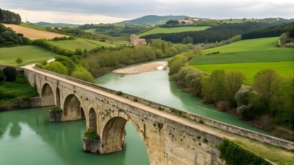 Fototapeta premium Ancient Stone Bridge Spanning Emerald River In European Countryside Showcasing Historical Architecture Scenic Landscape And Timeless Beauty Of Classic Rural Travel Destination