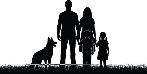 Vector silhouette of happy family holding hands with dog standing on grass, black illustration of parents and children together, isolated on white background.