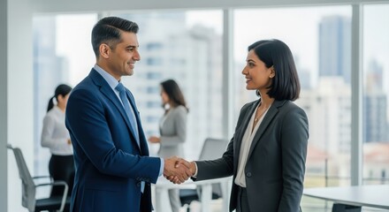 Two Indian Professionals Closing Deal &mdash; Handshake in Modern Office Environment