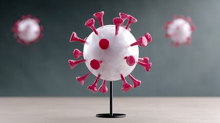 3D illustration of a virus model with red spikes on a gray background, showcasing intricate details and textures, representing microscopic life and health concerns in a scientific context