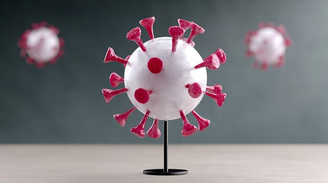3D illustration of a virus model with red spikes on a gray background, showcasing intricate details and textures, representing microscopic life and health concerns in a scientific context