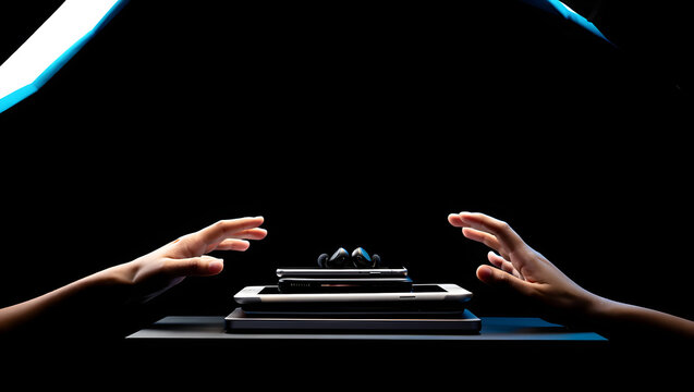 Hands reaching out towards a stack of digital devices with a glowing light effect suggesting technology and connection black friday