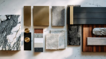 Interior design sample boards arranged on a light marble surface, showcasing various textures and colors for material selection