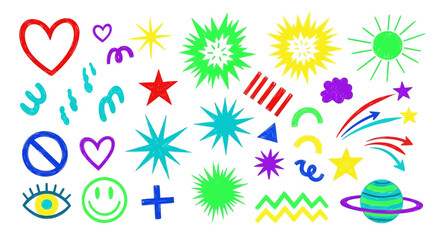 Whimsical hand drawn doodle collection of abstract colorful shapes and symbols on white