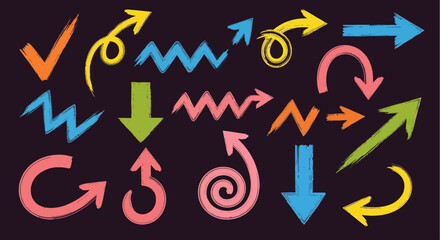 Colorful hand drawn arrows and check mark set on a dark background