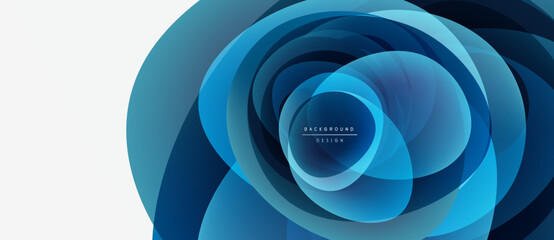 Abstract blue layers create swirling, dynamic background. Modern design features gradient shades, circular forms, text overlay.