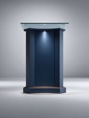 Dark-blue podium with glass top.  Studio shot