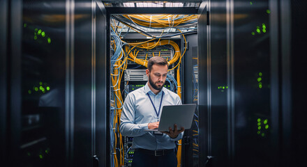 Professional IT technician working with laptop in a server room aisle surrounded by messy network cables and server racks in a data center