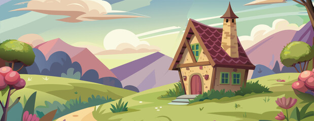 Fototapeta premium Glowing orange twilight scene above an Asian village lined with trees vector illustration ai generated art