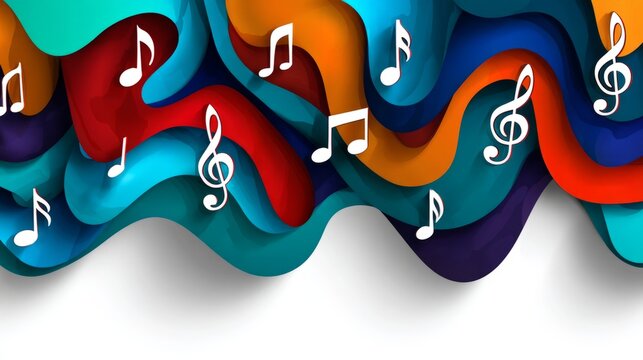 Musical notes and wavy layers in paper cut style in colorful blue and orange colors representing rhythm and melody background with copy space