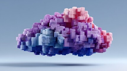 Abstract 3D illustration of a colorful cloud composed of pixelated cubes, showcasing vibrant hues of purple, pink, and blue, floating against a soft gradient background, representing creativity and im