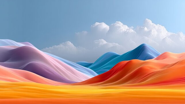 Abstract landscape illustration featuring colorful rolling hills in vibrant shades of orange, pink, and blue under a bright sky with soft clouds, creating a serene and dreamy atmosphere - Powered by Adobe