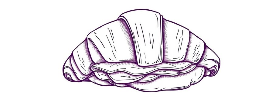 Elegant line art drawing of a croissant, showcasing layers and texture, dessert, gourmet
