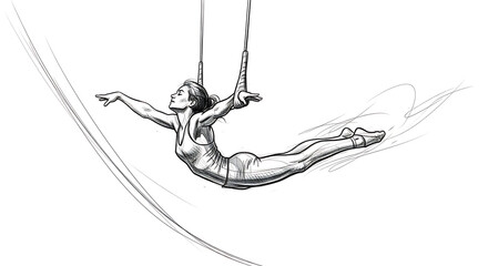 Elegant pencil sketch capturing the grace of a female aerialist on trapeze rings