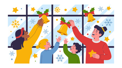 Festive Window Decorations: A family joyfully decorates a window with bells, creating a vibrant holiday scene filled with warmth and excitement, representing togetherness and festive cheer.