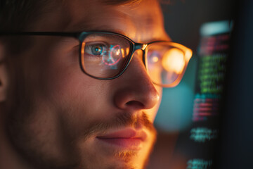 Focused young programmer wearing glasses with colorful code and holographic UI reflections, late-night software development and cybersecurity focus