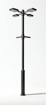 Modern, black, four-armed street light pole with square LED fixtures