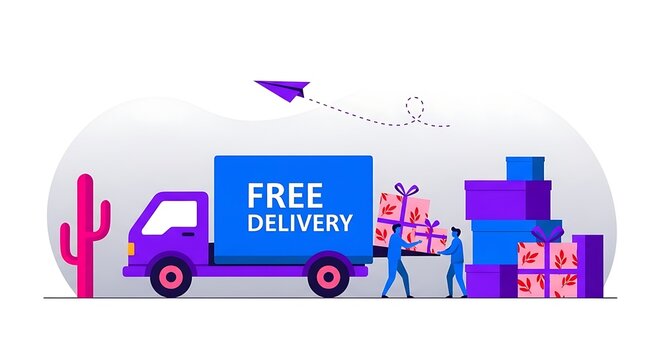 Free shipping day illustration of delivery truck with free delivery sign unloading package box - Powered by Adobe