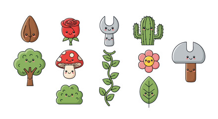 Cartoon illustrations of flora and tools on white background