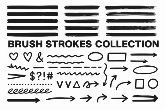 Highlighters graphic box, makers marks, underlines, arrows, notes in hand-drawn style. Underlines, lines, markers. Highlighters, scribble, doodle, notes for text, school board. Vector graphic set