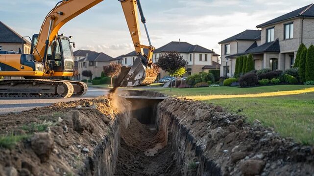 Excavator digging a deep trench for utility installation in the front yard of a modern suburban home