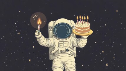 Video An astronaut holding a cake with candles, perfect for birthday or celebration scene