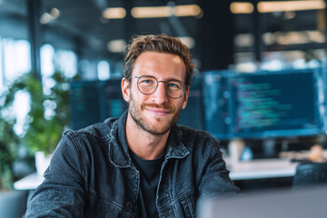 Confident young software developer smiling at camera in a modern open-plan office with multiple monitors displaying code, casual tech professional portrait