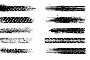 Tire tread marks, wheel texture, tire marks - car races, motocross, drift, rally, off-road and other. Vector black isolated texture in grunge style with splashes. Black and white monohcrome set