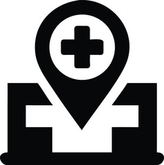 Hospital silhouette vector icon with medical cross and location pin