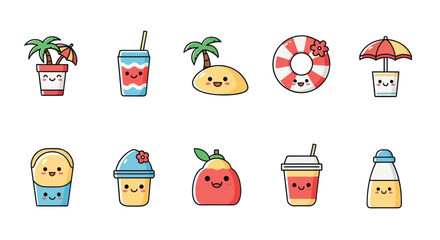 Cartoon illustrations of summer related objects in a row for design elements