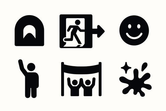 Bold minimalist icon set featuring smiley, exit, people, and splash designs for versatile use