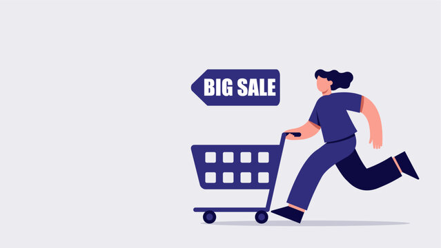 Running Shopper Pushing Cart During Big Sale in Modern Flat Design