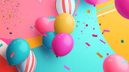 Playful 2D birthday invitation design with colorful balloons confetti and bold typography celebrating joy and fun set against a bright background with festive details