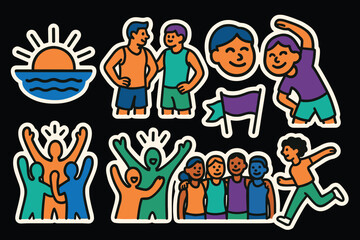 Naklejka premium Vibrant athletic gathering: dynamic sports icons and team celebration design for posters and cards