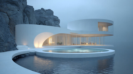 Minimalist white modern architecture with circular pool and rocky cliff minimalist design white building