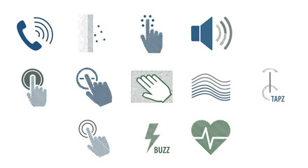 Set of various icons representing different interactions and sensations, including phone calls, touch gestures, sound waves, and heartbeats, on a white backgrou
