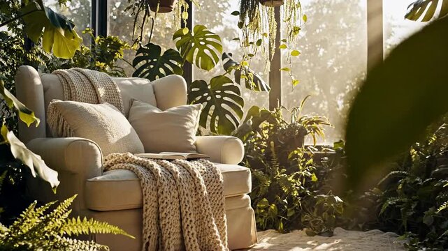Cozy armchair in lush indoor garden, sunlight streaming through large windows, tranquil retreat for relaxation, fall foliage vibe, green sanctuary for meditation
