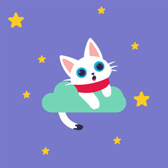 Cute cartoon cat floating on a cloud with stars in a purple sky