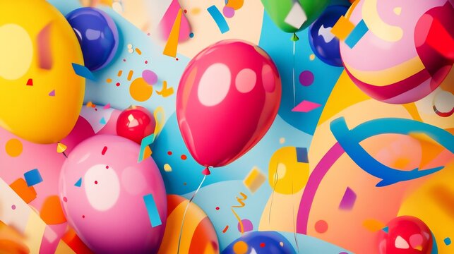 Playful 2D birthday invitation design with colorful balloons confetti and bold typography celebrating joy and fun set against a bright background with festive details