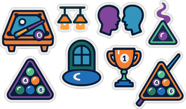 Billiard icon stickers collection for game room decoration or sports enthusiasts